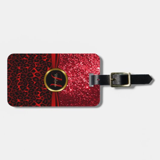 Rood luipaard Huid en glitter - Monogram Bagagelabel (Voorkant horizontaal)