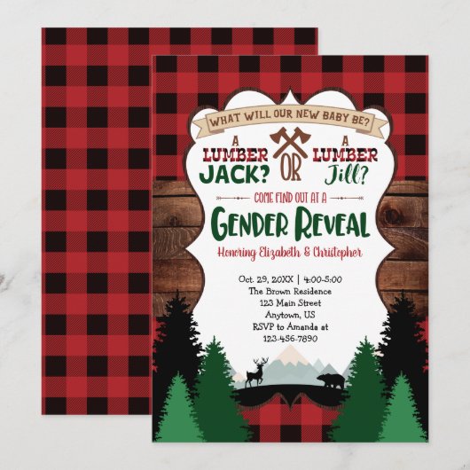 Rood Lumberjack Gender onthullen Baby shower Kaart (Voorkant / Achterkant)