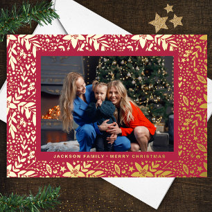 ROOD Magenta GOUD Botanische Kerst Frame Foto Folie Feestdagenkaart