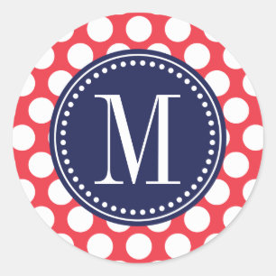 Rood & Marine Grote Polka Dots Monogrammed Ronde Sticker