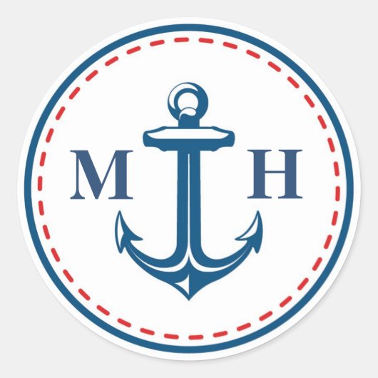 Rood/Marine Monogram Nautisch Thema Envelop Afdich Ronde Sticker (Voorkant)