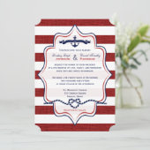 Rood, marineachtig, FAUX Burlap Stripes Wedding Kaart (Staand voorkant)