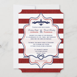 Rood, marineachtig, FAUX Burlap Stripes Wedding Kaart