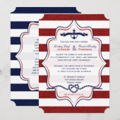 Rood, marineachtig, FAUX Burlap Stripes Wedding Kaart (Voorkant / Achterkant)