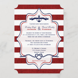 Rood, marineachtig, FAUX Burlap Stripes Wedding Kaart