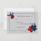 Rood & marineblauw bloemen botanisch grijs RSVP kaartje (Voorkant)