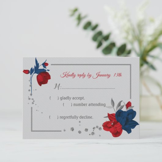 Rood & marineblauw bloemen botanisch grijs RSVP kaartje (Staand voorkant)