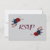 Rood & marineblauw bloemen botanisch grijs RSVP kaartje (Achterkant)