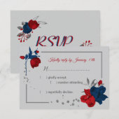 Rood & marineblauw bloemen botanisch grijs RSVP kaartje (Voorkant / Achterkant)