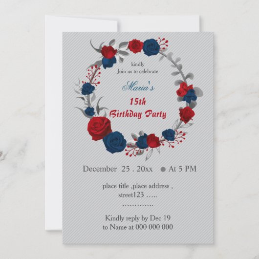 Rood & marineblauw bloemen krans verjaardag kaart (Voorkant)