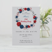 Rood & marineblauw bloemen krans verjaardag kaart (Staand voorkant)