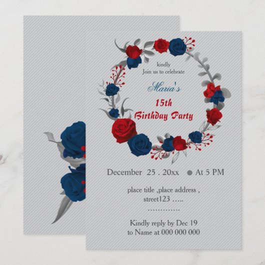 Rood & marineblauw bloemen krans verjaardag kaart (Voorkant / Achterkant)