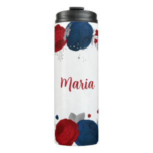 rood & marineblauw bloemen zilver botanisch thermosbeker