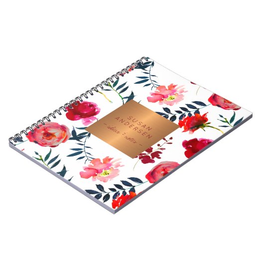 Rood marineblauw bloemig elegant roos goudkoper me notitieboek (Linkerzijde)