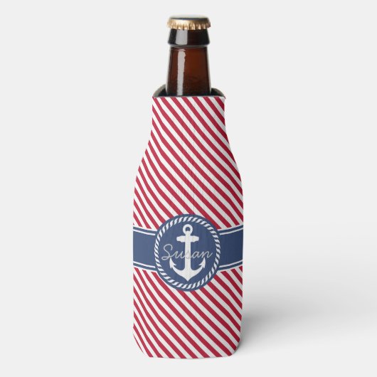 Rood & Marineblauw Gestreepte Scheepsanker Monogra Flesjeskoeler (Fles Voorkant)