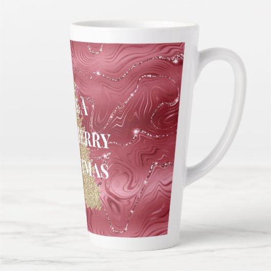Rood Marmer Goud Glitter Kerstboom Latte Mok (Rechts)