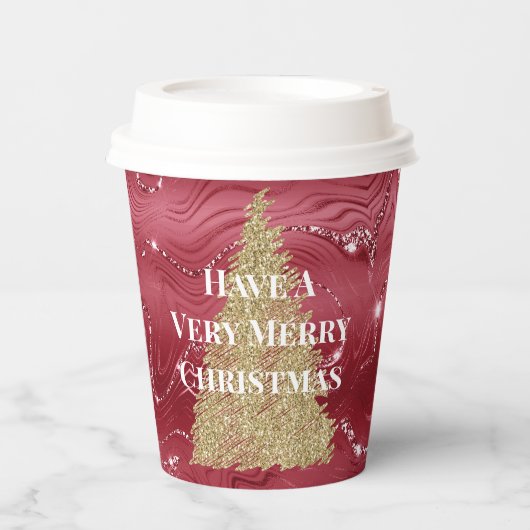 Rood Marmer Goud Glitter Kerstboom Papieren Bekers (Voorkant)