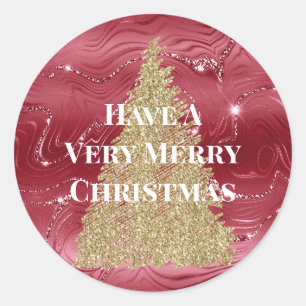 Rood Marmer Goud Glitter Kerstboom Ronde Sticker