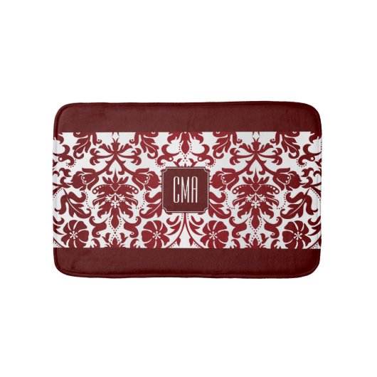 Rood Maroon en Wit Damast Patroon Badmat (Voorkant)