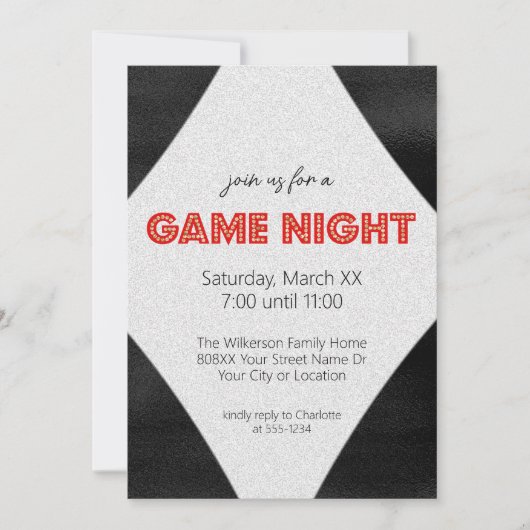 Rood Marquee Teken op Black Game Night Party Kaart (Voorkant)