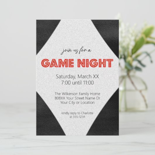 Rood Marquee Teken op Black Game Night Party Kaart (Staand voorkant)