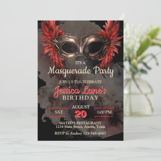 Rood Masker Maskerade Feest Verjaardag Kaart (Staand voorkant)