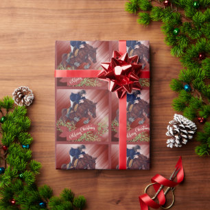 Rood meisje en paard Jumping Merry Kerstmis Cadeaupapier
