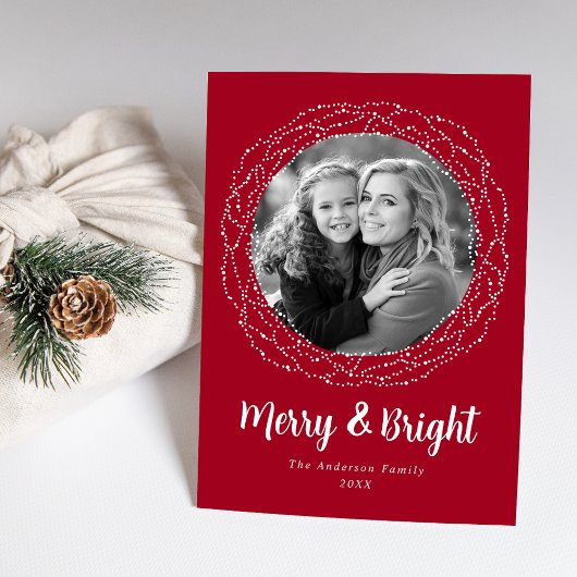 Rood Merry and Bright Foto Feestdagenkaart