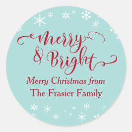 Rood Merry & Bright met witte sneeuwvlokken op bla Ronde Sticker