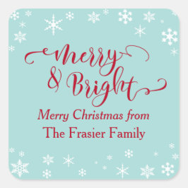 Rood Merry & Bright met witte sneeuwvlokken op bla Vierkante Sticker