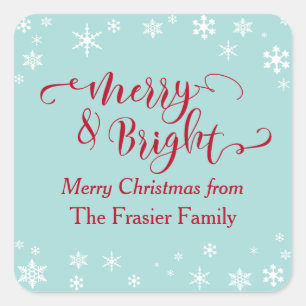 Rood Merry & Bright met witte sneeuwvlokken op bla Vierkante Sticker