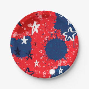 Rood met blauwe Spletters en zwarte en witte sterr Papieren Bordje