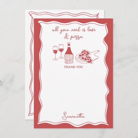 Rood met de hand getekende Italiaanse Pizza Wijn B Bedankkaart (Voorkant / Achterkant)