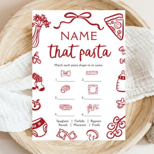 Rood met de hand getekende 'raad de pasta' baby sh kaart