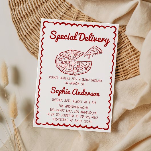 Rood met de hand getekende Special Delivery Pizza Kaart