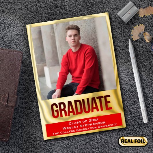 Rood met Folie Blok Lettering Foto Afstuderen Uitnodiging