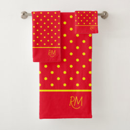 Rood met gele pokadots monogram bad handdoek