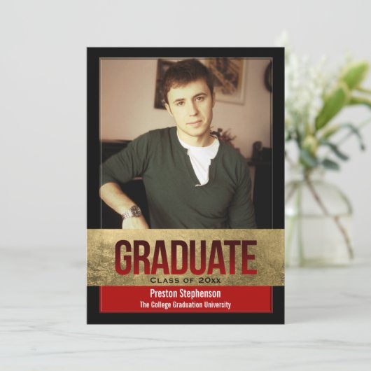 Rood met Gold Foil Block Effect Foto Afstuderen Kaart (Staand voorkant)