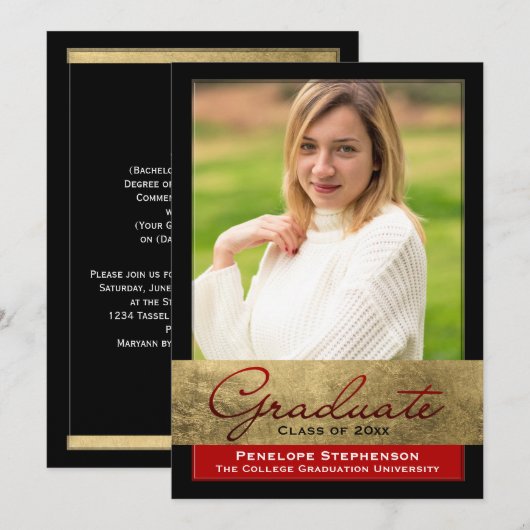 Rood met Gold Foil-effect Foto-Afstuderen Kaart (Voorkant / Achterkant)