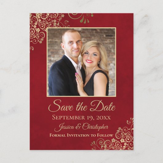 Rood met Gold Frills Foto Save the Date Wedding Aankondigingskaart (Voorkant)