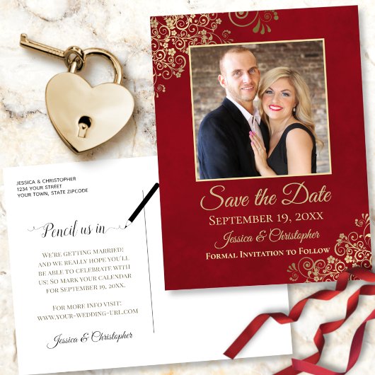 Rood met Gold Frills Foto Save the Date Wedding Aankondigingskaart