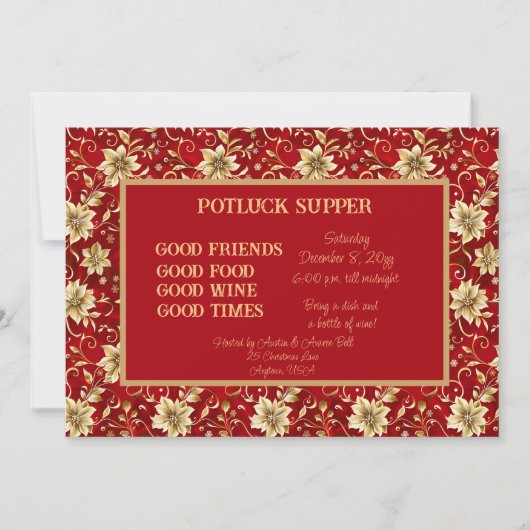 Rood met Gouden Poinsettia Kerst POT LUCK Avondmaa Kaart (Voorkant)