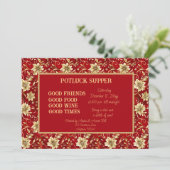 Rood met Gouden Poinsettia Kerst POT LUCK Diner Kaart (Staand voorkant)