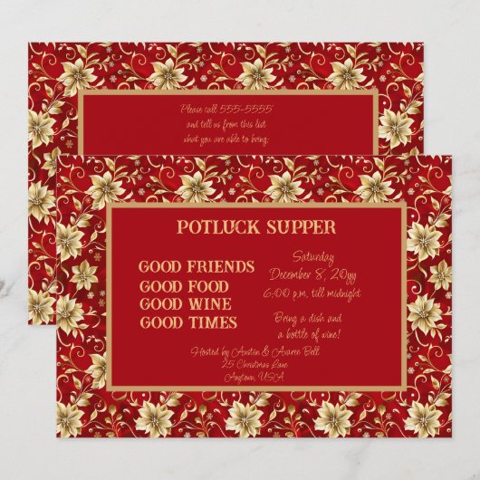 Rood met Gouden Poinsettia Kerst POT LUCK Diner Kaart (Voorkant / Achterkant)
