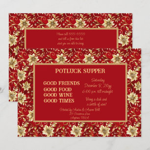 Rood met Gouden Poinsettia Kerst POT LUCK Diner Kaart