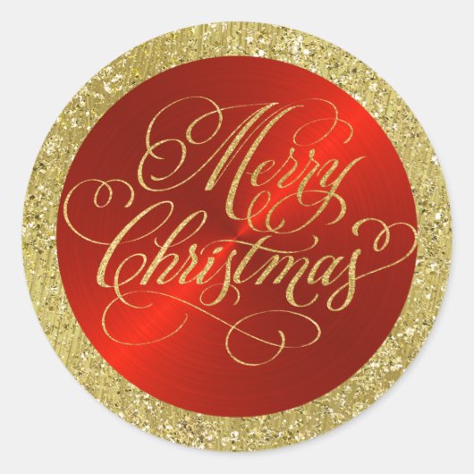 Rood met gouden rand en vrolijk kerstfeest ronde sticker (Voorkant)