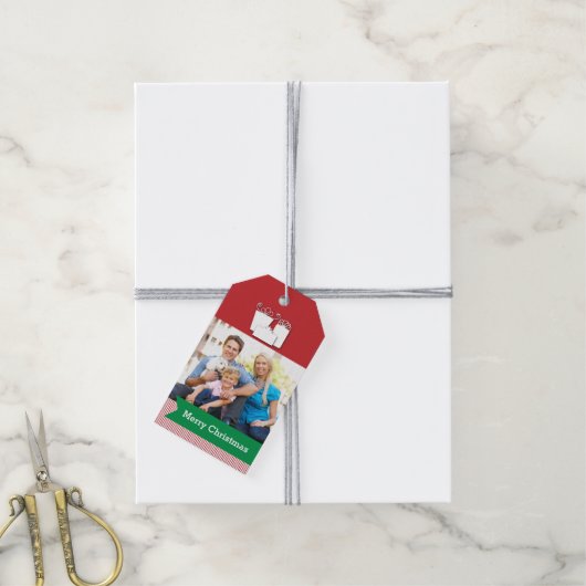 Rood met Groene Banier en Foto, Kerstmis Cadeaulabel (Met Touw)