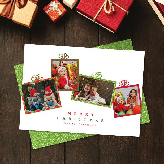 Rood met Groene Glitter Foto Cadeaudozen Kerstmis Feestdagenkaart