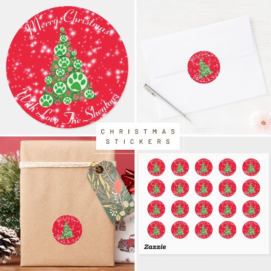 Rood met kerstboom met groene stier ronde sticker