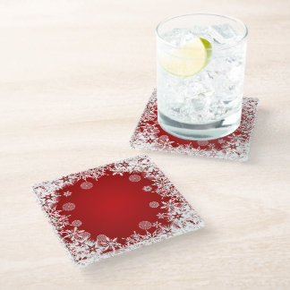 ROOD MET KRANS VAN WITTE WINTERSNEEUWVLOKKEN GLAZEN ONDERZETTER